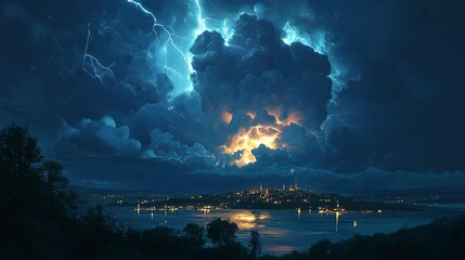 Illuminated thunderclouds light up the sky over a tranquil coastal town at night