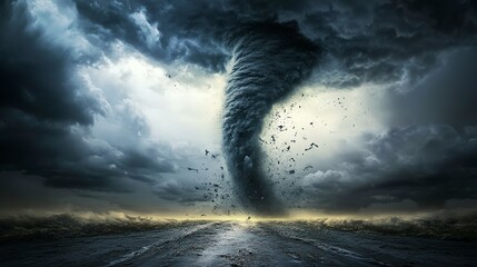 Tornado forms under ominous clouds in expansive sky over land