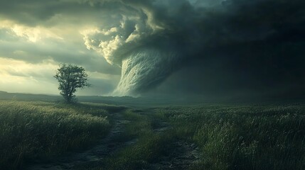 Tornado forming in the distance under dark, threatening clouds during twilight hours