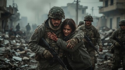 Fototapeta premium Soldiers Amidst Destruction, Military Action, and Rescue Operations in a War-Torn City, Helicopter Assistance and Combat Missions