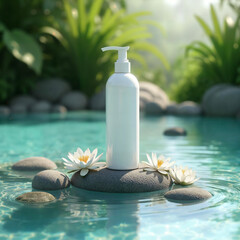 Serene Skincare Oasis: A clean, modern skincare bottle is cradled amidst an artistic arrangement of smooth river stones and delicate water lilies, poised gently on a serene, rippling water feature.