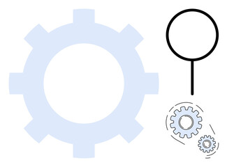Large gear, magnifying glass focusing on smaller gears in motion. Ideal for process, analysis, technology, engineering, problem-solving, innovation productivity. Simple flat metaphor