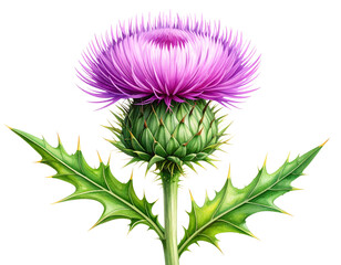  Single Scottish Thistle Flower with Long Stem, Botanical Illustration Style, isolated on transparent background