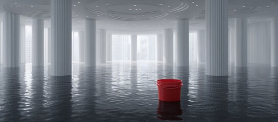 Flooded, white, columned interior with a red bucket