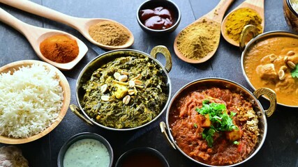 Composition with indian dishes: madras paneer, palak paneer and shahi paneer with basmati rice served in original indian karahi pots