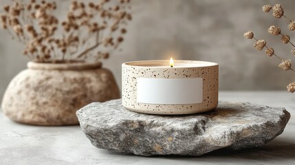 Minimal ceramic candle jar mockup with blank label placed on rough stone base for branding and packaging design