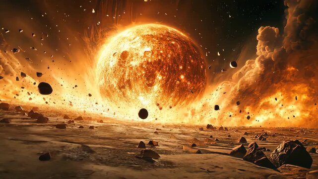 Epic space collision and planet impact animation with celestial objects, explosions and debris,