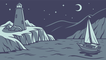 Night seascape with lighthouse and sailboat vector illustration for nautical themed designs and backgrounds