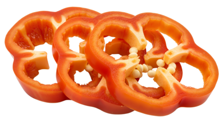 Three bright slices of red bell pepper, showing their complex internal structure and rich color, in png format on a transparent background, perfectly cut