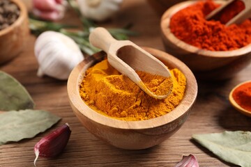 Different aromatic spices on wooden table, closeup