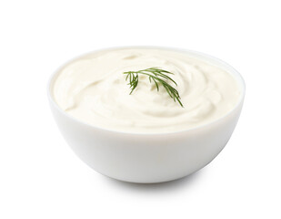 Tasty sour cream with dill in bowl isolated on white