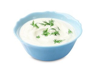 Tasty sour cream with dill in bowl isolated on white