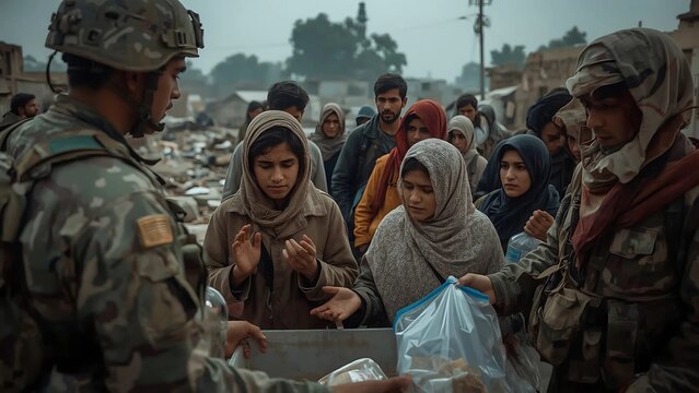 Humanitarian Aid Amid War Crisis, Soldiers Distribute Food, War-torn Landscape, Helicopter Rescue, Refugee Struggles, War-torn City Scene, Crisis Relief, Civilians in Warzone