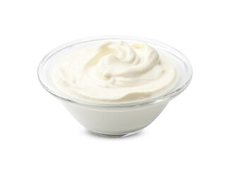 Tasty sour cream in bowl isolated on white