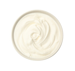Tasty sour cream in bowl isolated on white, top view