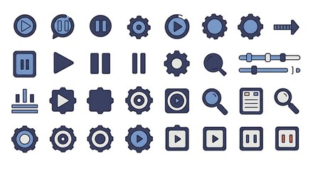 Collection of media player and settings icons, various controls and options.