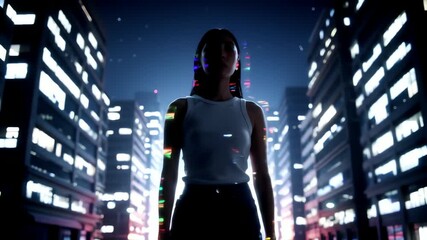 Futuristic Asian woman stands in a dark cyberpunk metropolis at night with colorful light projections - Powered by Adobe