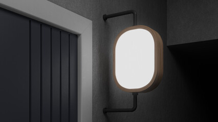 3D render mockup of wall-mounted oval sign with wooden frame on dark textured wall