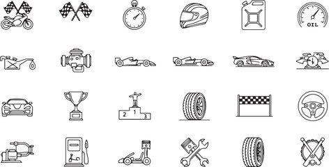 Collection of racing and automotive icons in a grid format with a clean outline style