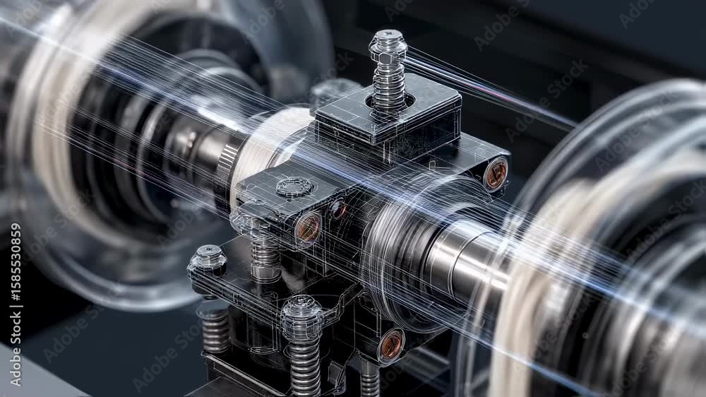 Poster industrial machine weaves threads with precision and speed, showcasing advanced technology and innov