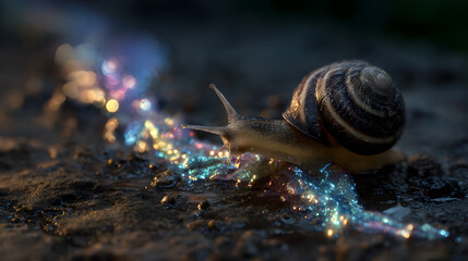 Snale crawls on rough ground textured shell determined slow journey