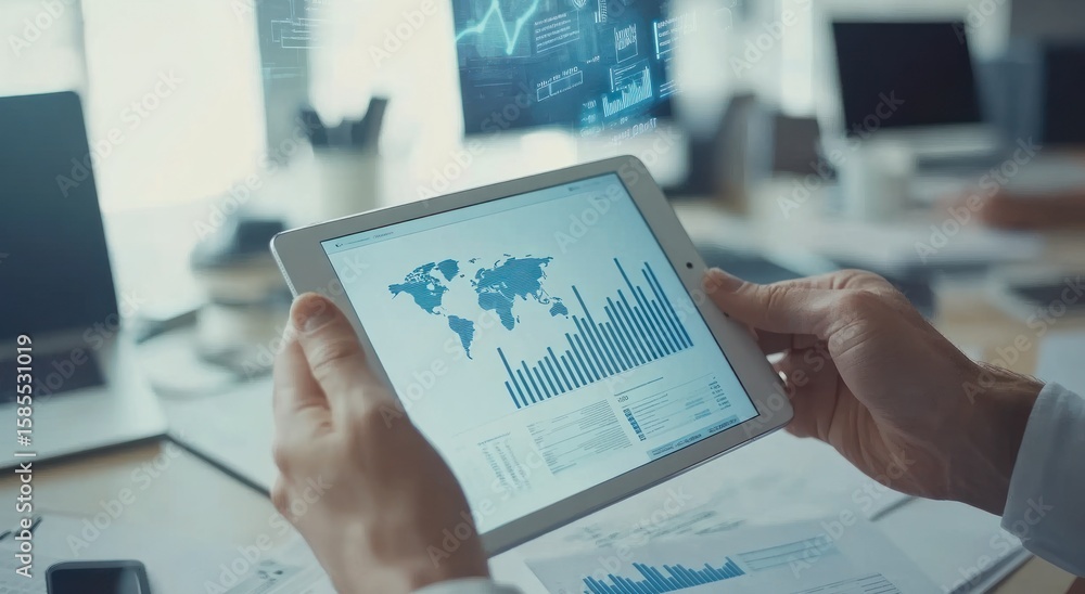 Aufkleber analyzing global business data on a digital tablet in a modern office setting