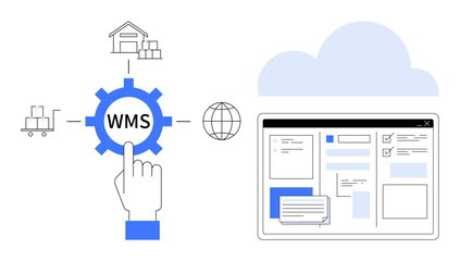 Gear labeled WMS connected to warehouse, shipping, and global icons. Hand presses gear near cloud and digital screen. Ideal for logistics, inventory, supply chain, IT systems, technology automation
