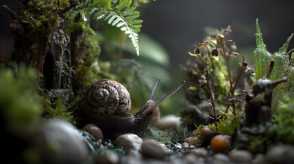 Snale in mossy home tiny mushrooms lush forest floor tranquil wildlife