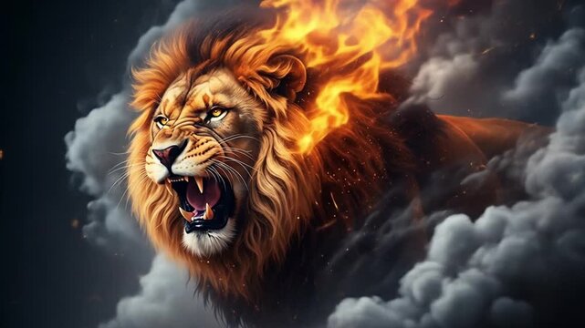 Digital art of a roaring lion engulfed in fiery smoke, perfect for fiery design elements and dramatic visual projects. Furious lion art.