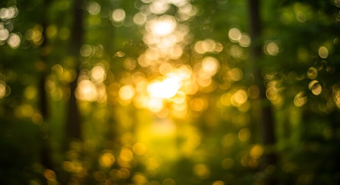 Abstract, blurred image of sunlight filtering through trees in a forest, creating a bokeh effect with bright, golden, and green hues.