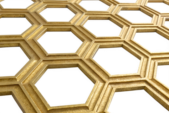 Golden hexagonal pattern with black background. The design features interlocking hexagons, creating a modern and stylish geometric look.