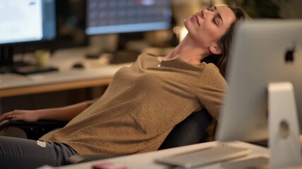 Remote work culture digital nomads woman relaxing home office with computer screen background enjoying cozy digital environment perfect for balance - Powered by Adobe