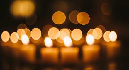 Soft focus of many lit candles, warm glow, bokeh effect.