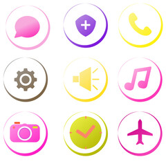Colorful Circular Icons Representing Various Functions and Applications. A vibrant set of nine circular icons depicting functions such as communication, security, media, and travel.
