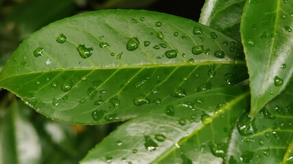 water drops on a green leaf