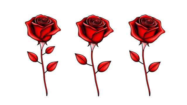 Drei rote, metallisch gl&auml;nzende Rosen in einer Reihe, detailreich illustriert. Perfekt f&uuml;r romantische Designs, Valentinstag und Hochzeitsdekorationen auf transparentem Hintergrund.