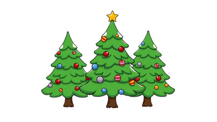 Obraz premium Drei weihnachtlich geschmückte Tannenbäume mit Sternen und bunten Kugeln im Cartoon-Stil. Ideal für Weihnachtskarten, Sticker und festliche Projekte.