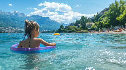 Girl swims with inflatable armbands in the lake. Copy space.