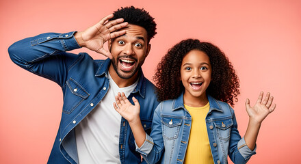 Excited Father and Daughter Posing with Surprised Faces
