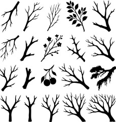 Obraz premium Collection of black silhouettes of various tree branches and twigs with leaves and berries on a white background