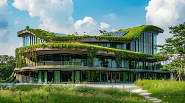 
A high-resolution image of a modern hospital building designed with sustainability in mind, featuring green roofs, solar panels, and energy-efficient windows. 
