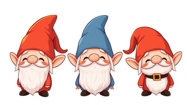 Drei freundliche Chibi-Zwerge mit roten und blauen M&uuml;tzen und wei&szlig;en B&auml;rten. Ideal f&uuml;r Weihnachten, Winterdesigns und lustige Sticker mit transparentem Hintergrund.