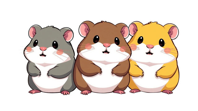 Drei s&uuml;&szlig;e Chibi-Hamster mit rosa B&auml;ckchen sitzen nebeneinander. Ideal f&uuml;r Kinderdesigns, Sticker, Bastelprojekte oder niedliche Gru&szlig;karten mit transparentem Hintergrund.
