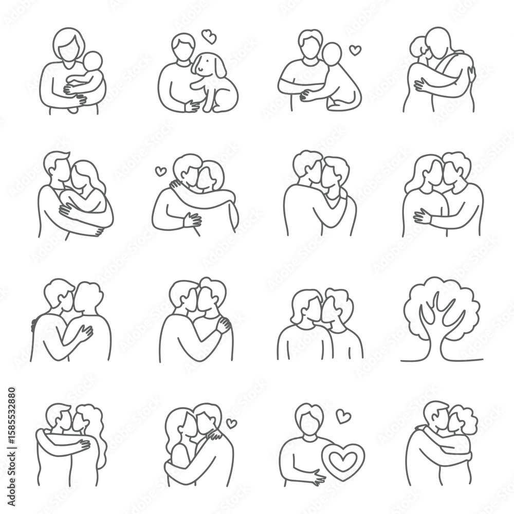 Aufkleber twelve simple line art dog illustrations arranged in a grid pattern with various color options