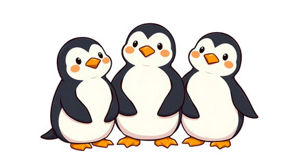 Naklejka premium Drei lustige Chibi-Pinguine mit rosa Bäckchen in einer Reihe. Perfekt für Winterdesigns, Weihnachtskarten und Kinderprojekte mit transparentem Hintergrund.