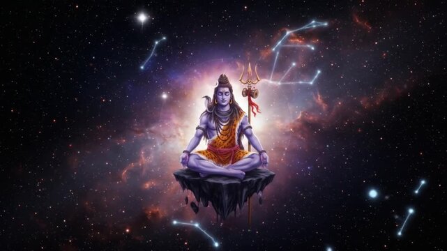 Lord Shiva wallpaper with meditating in lotus position on a floating rock island amidst a vibrant, star-filled cosmic nebula.