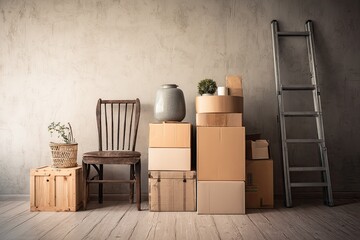 Moving day. Cardboard boxes, wooden furniture, and a ladder in a room