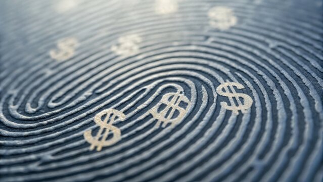 Fingerprint pattern with dollar signs, symbolizing finance, identity, and security in a modern context. - Powered by Adobe