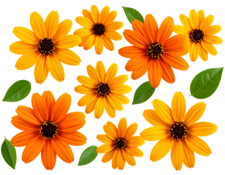 Top View of Blooming Sun Star Cluster with Leaves, Realistic 3D Style, isolated, And transparent the background.