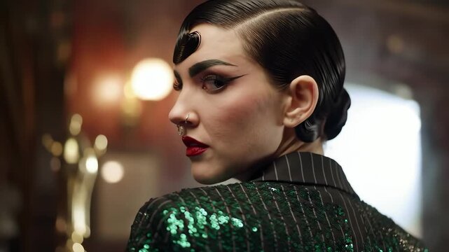 Elegant woman in a green sequin jacket with 1920s inspired hair and makeup looking mysteriously back
